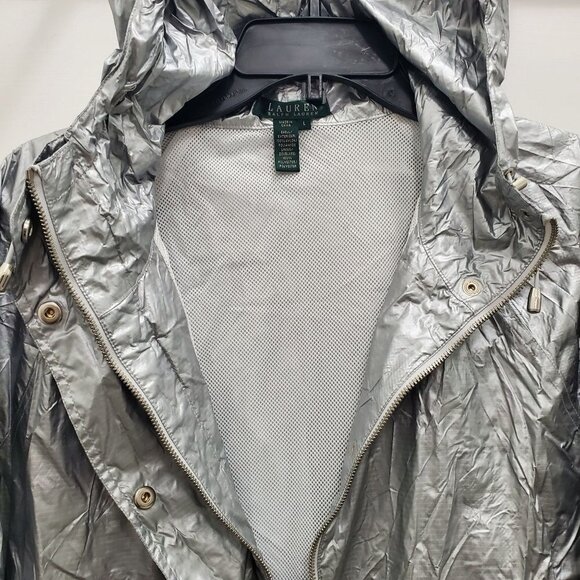 Lauren Ralph Lauren Women's Vintage Silver Nylon Hooded Rain Windbreaker Size L - Picture 3 of 7